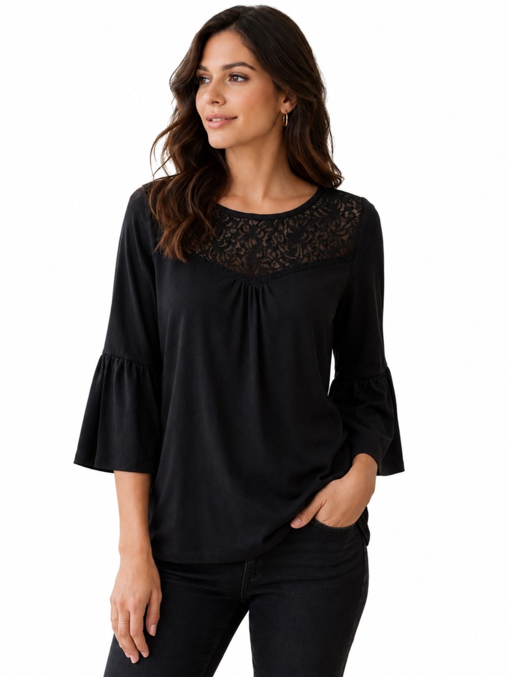 White House Black Market Black Lace Bell Sleeve Top 3/4 Sleeve — XS